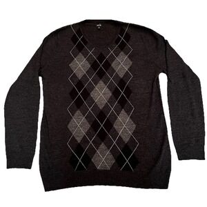 Merino Wool Blend Sweater Mens XL Tall Gray Argyle V Neck Preppy Casual